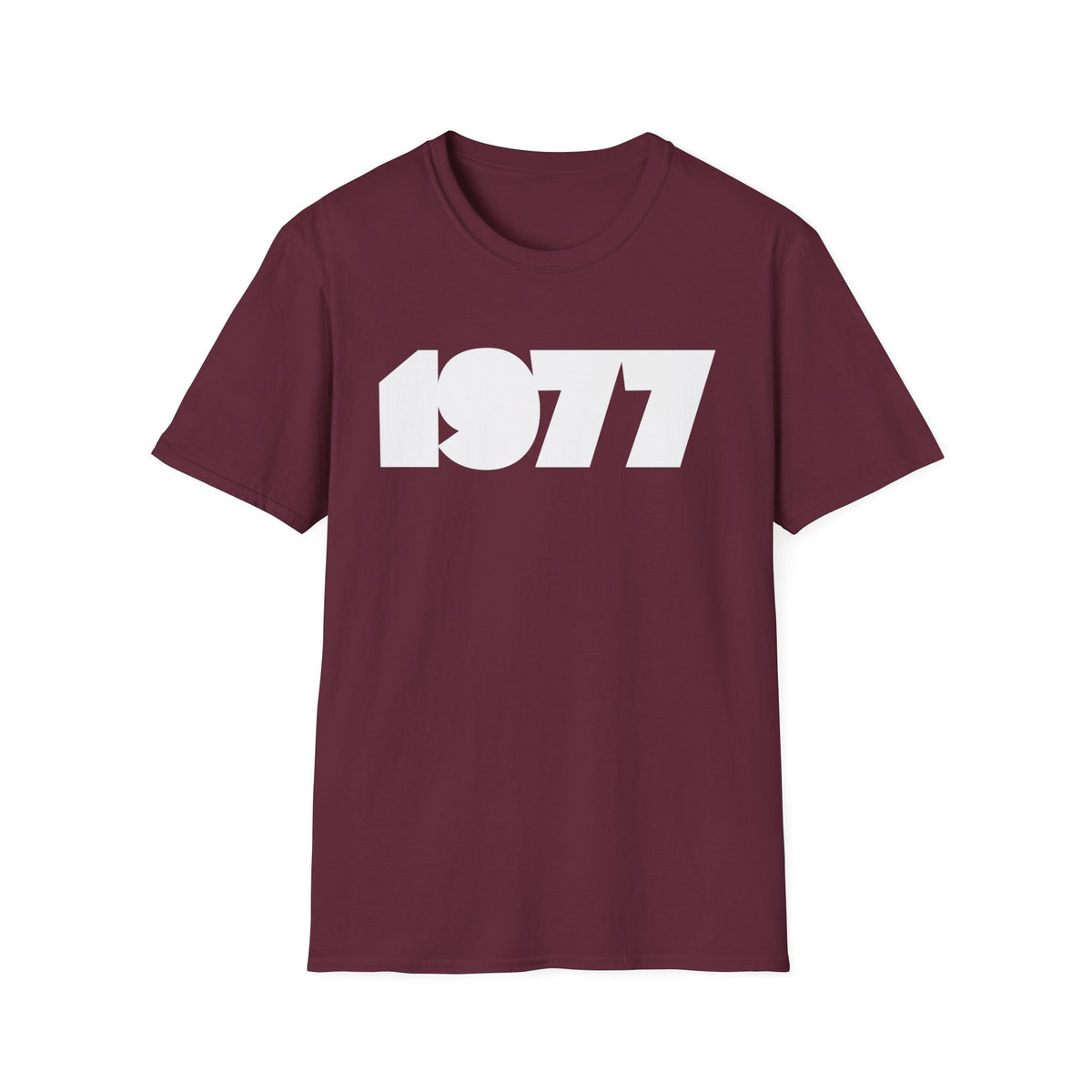 Maroon t-shirt with large white "1977" graphic.