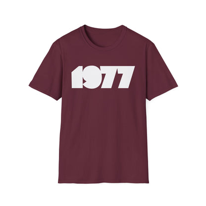 Maroon t-shirt with large white "1977" graphic.