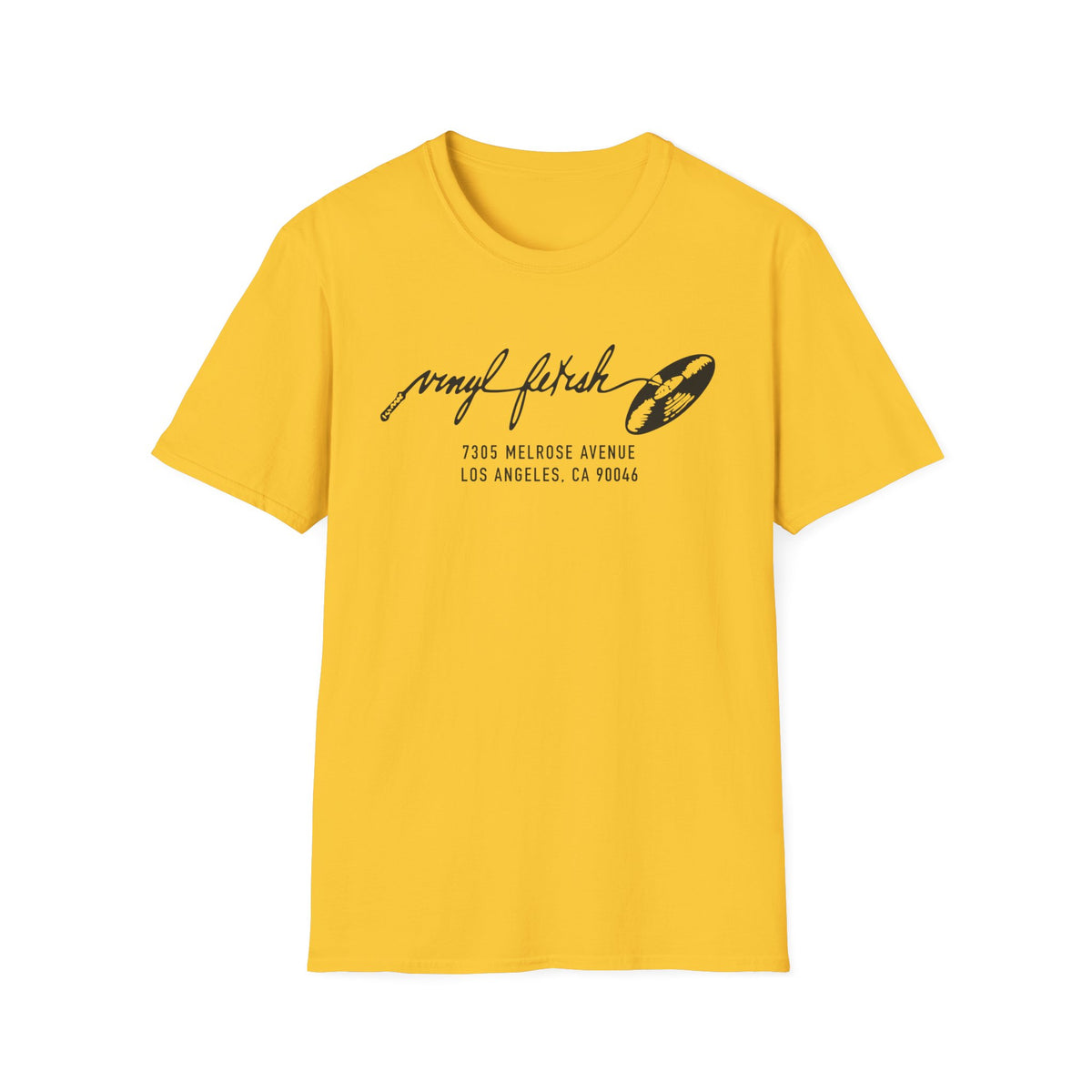 Yellow t-shirt with "vinyl fetish" and address graphic.