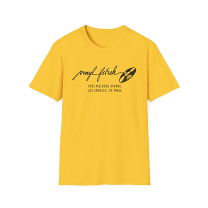 Yellow t-shirt with "vinyl fetish" and address graphic.