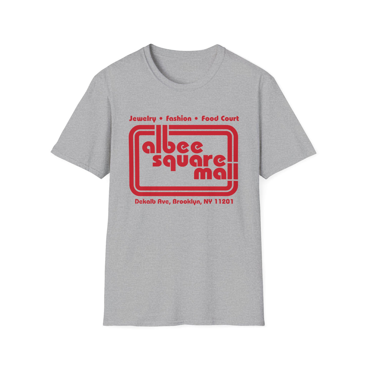 Grey t-shirt with red Albee Square Mall logo and Brooklyn address.