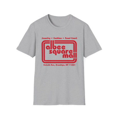 Grey t-shirt with red Albee Square Mall logo and Brooklyn address.
