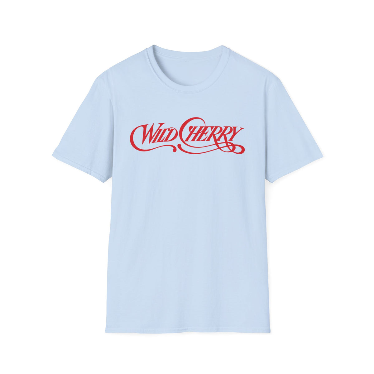 Light blue t-shirt with red "Wild Cherry" logo across the chest.