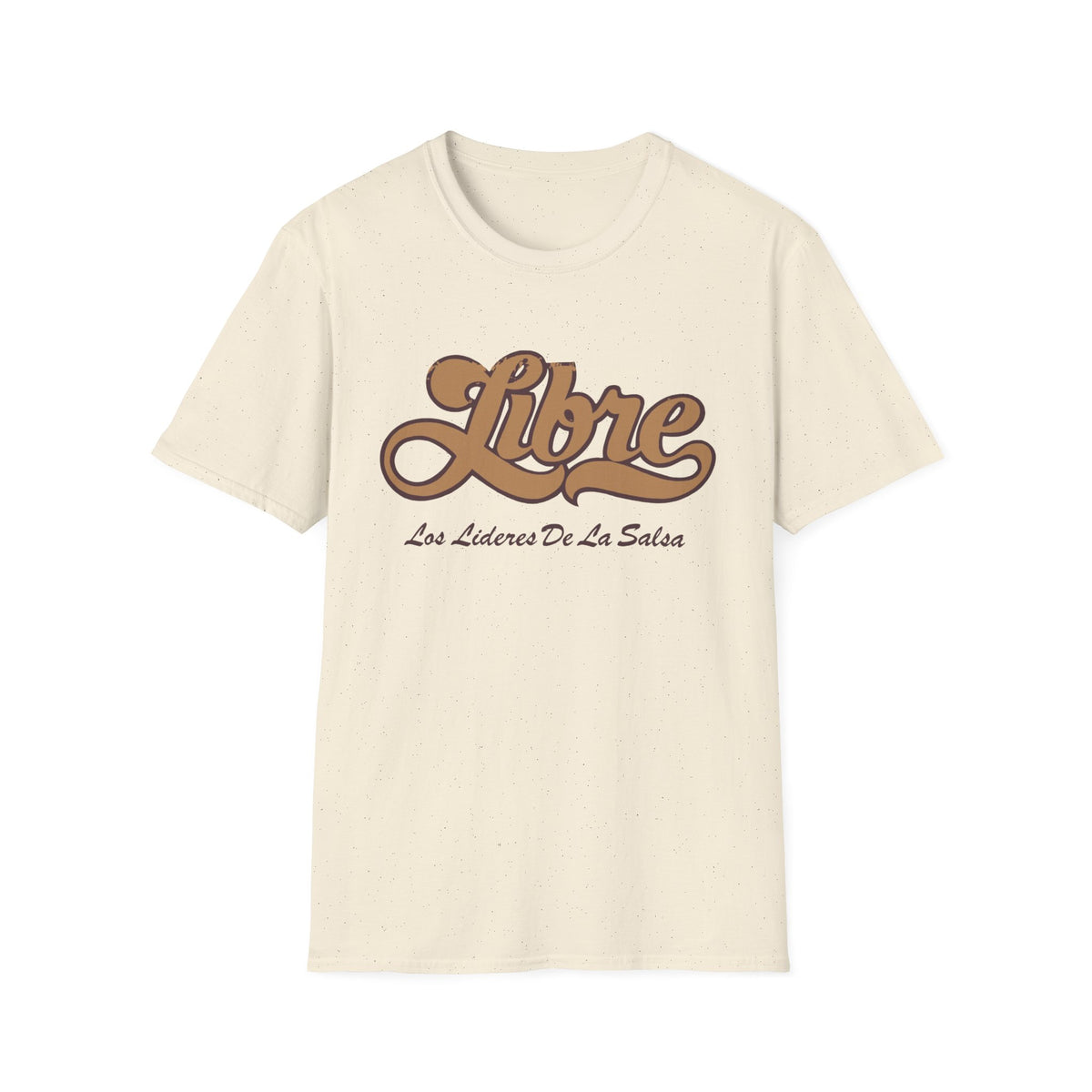 Cream t-shirt with brown retro script text "Libre Los Líderes De La Salsa".