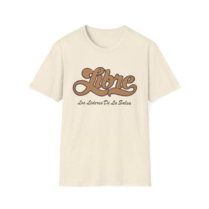 Cream t-shirt with brown retro script text "Libre Los Líderes De La Salsa".