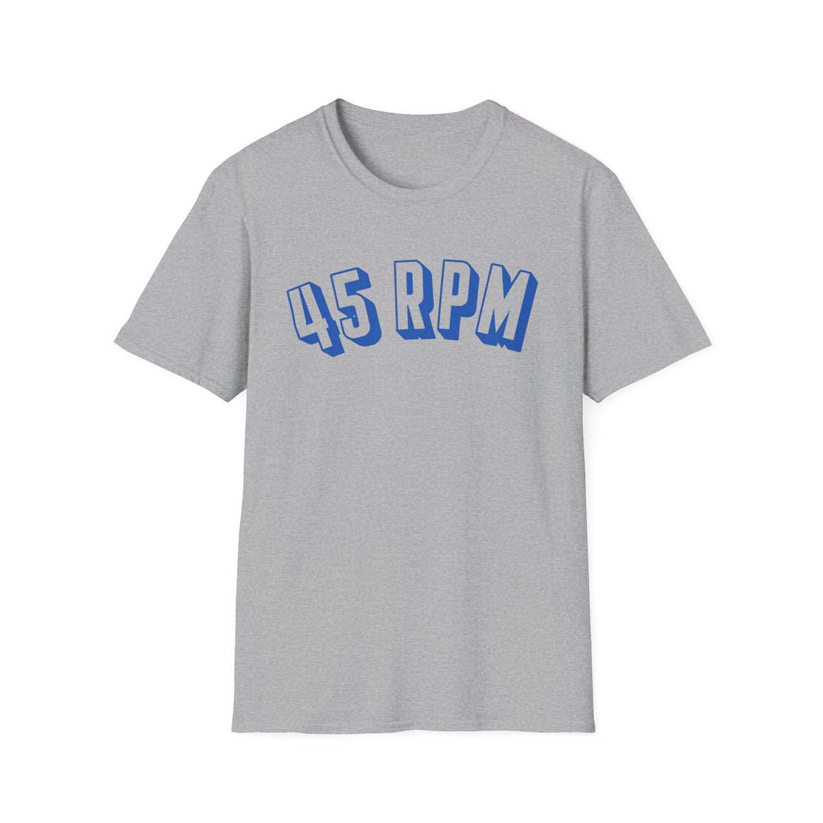 Grey t-shirt with blue "45 RPM" text in a stylized font.