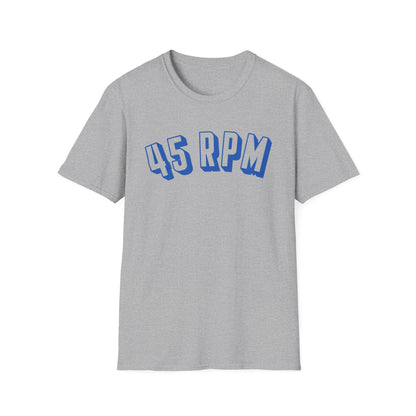 Grey t-shirt with blue "45 RPM" text in a stylized font.