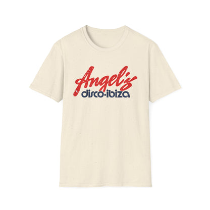 Cream t-shirt with red "Angel's" and blue "disco-ibiza" text.