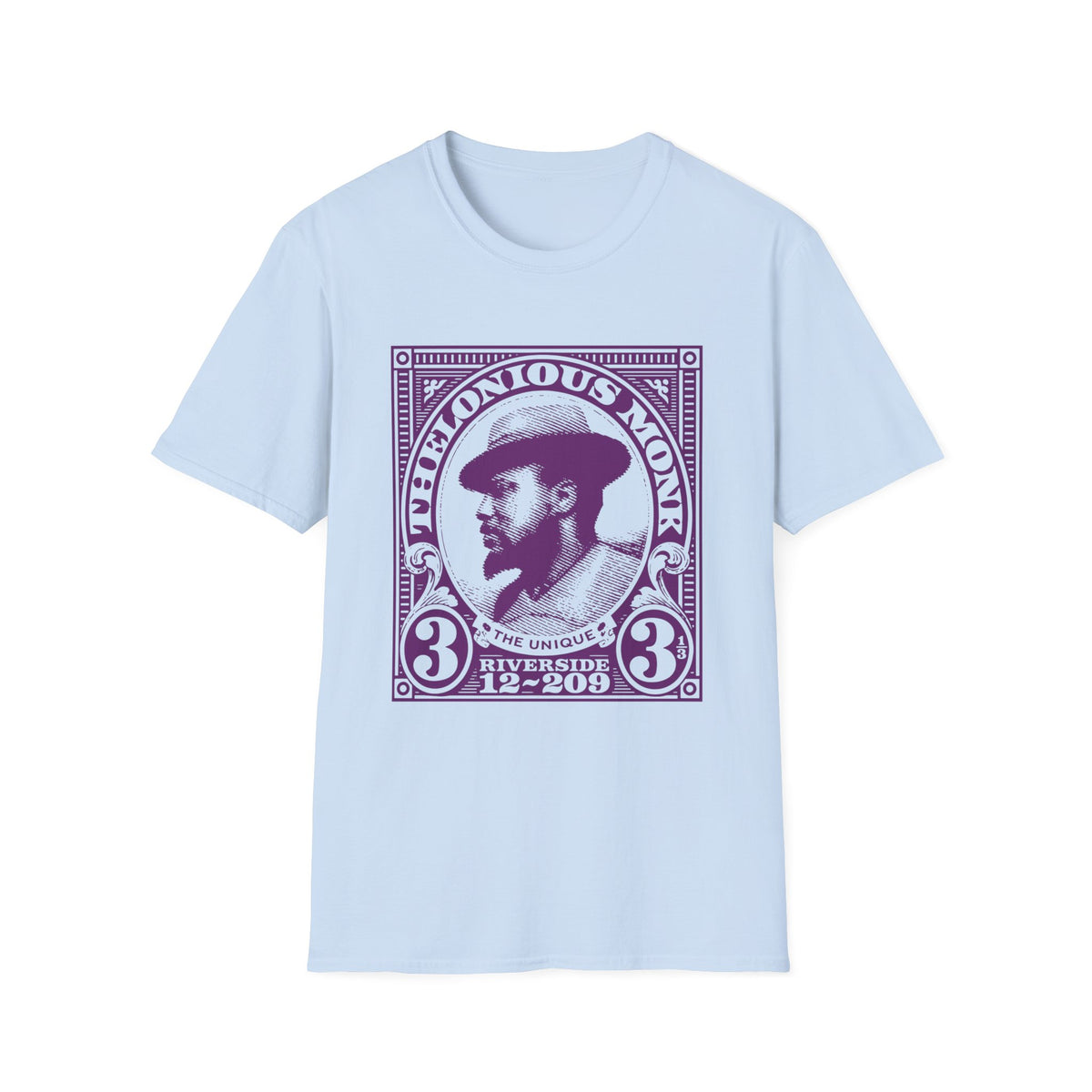 Light blue t-shirt with purple graphic of Thelonious Monk's portrait and text.