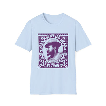 Light blue t-shirt with purple graphic of Thelonious Monk's portrait and text.