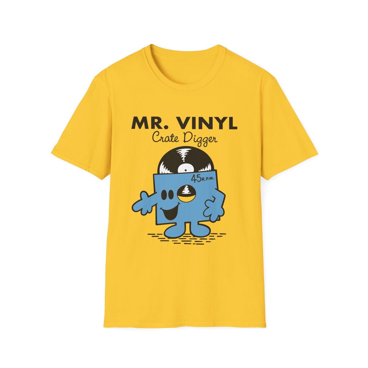 Yellow t-shirt with "MR. VINYL Crate Digger" and a cartoon vinyl record character.