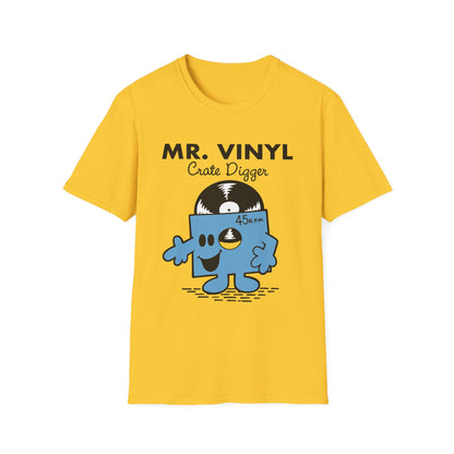 Yellow t-shirt with "MR. VINYL Crate Digger" and a cartoon vinyl record character.