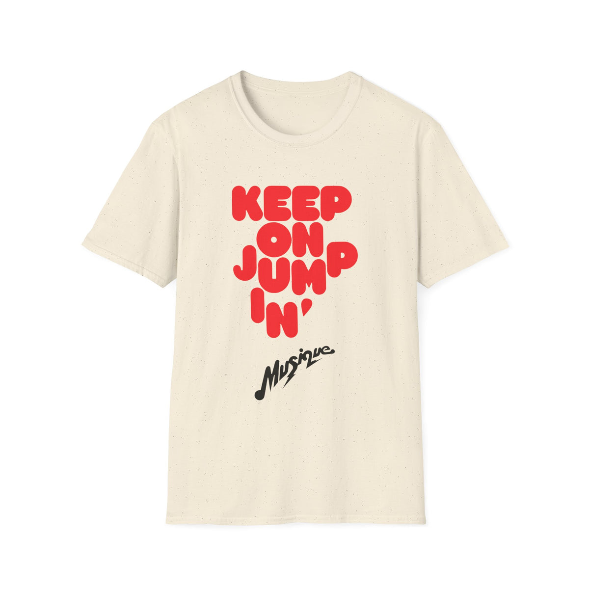 Cream t-shirt with red "KEEP ON JUMP IN'" text and "Musique" signature.