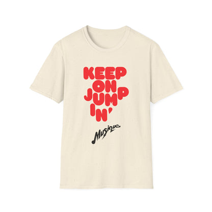 Cream t-shirt with red "KEEP ON JUMP IN'" text and "Musique" signature.