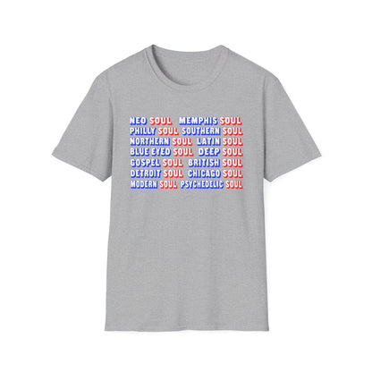 Gray t-shirt with "Neo Soul" and other soul music genres listed in rows.
