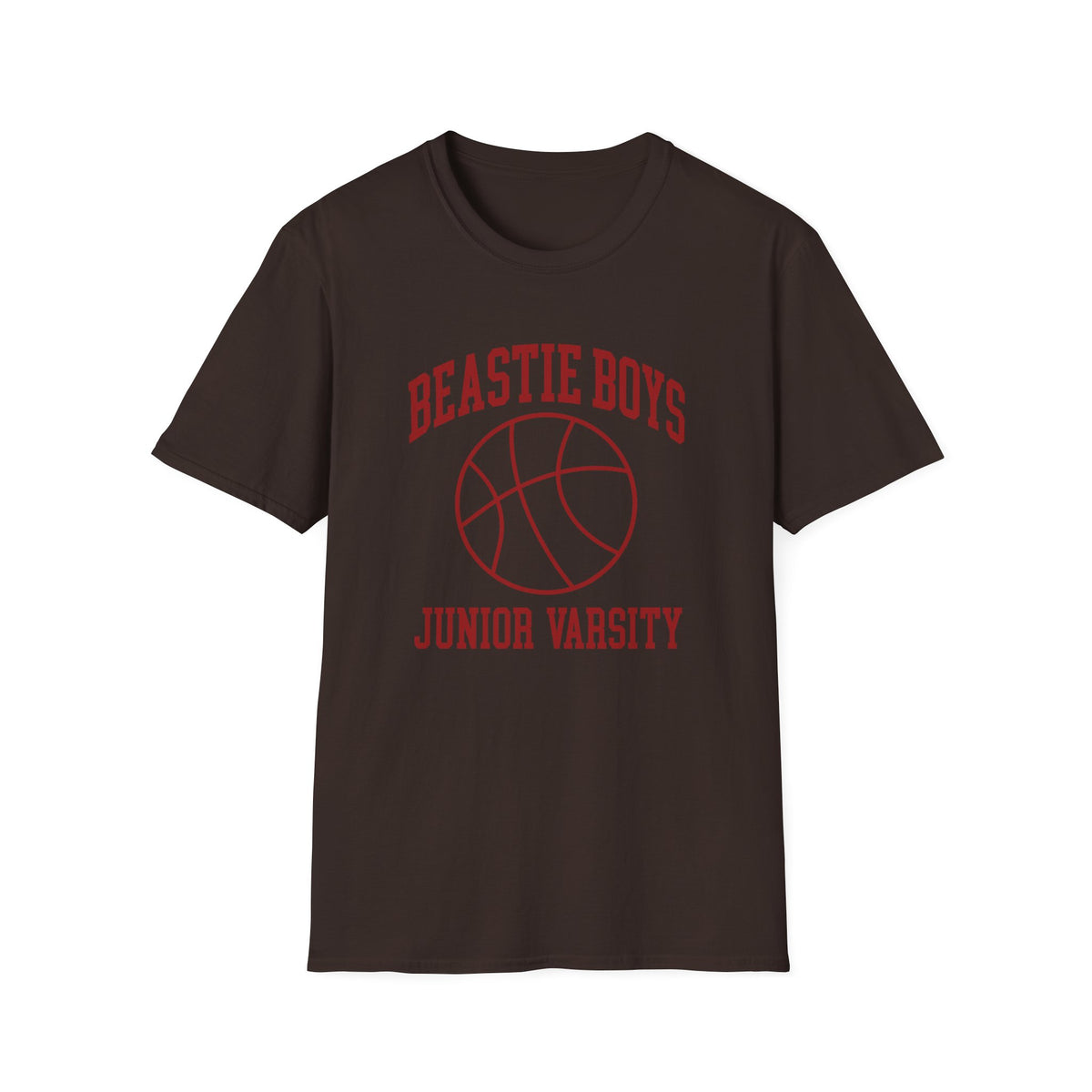 Brown t-shirt with red "BEASTIE BOYS JUNIOR VARSITY" text and basketball graphic.