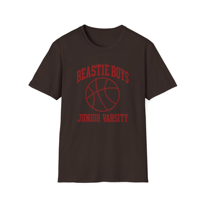 Brown t-shirt with red "BEASTIE BOYS JUNIOR VARSITY" text and basketball graphic.