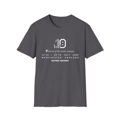 Dark grey t-shirt with Factory Records tenth summer festival 1986 print.
