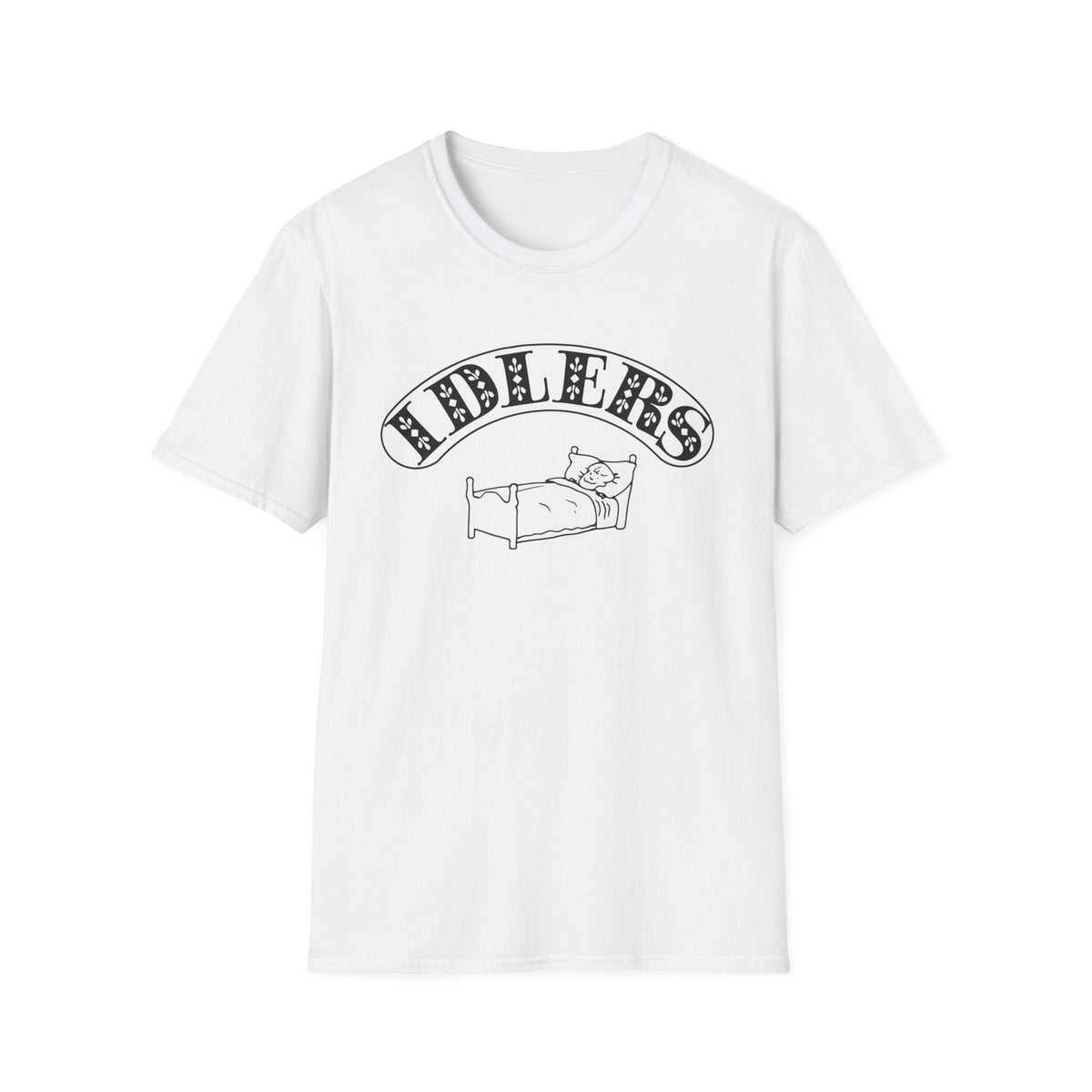 White t-shirt with "IDLERS" text and illustration of a person in bed.