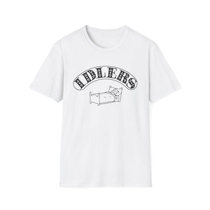 White t-shirt with "IDLERS" text and illustration of a person in bed.