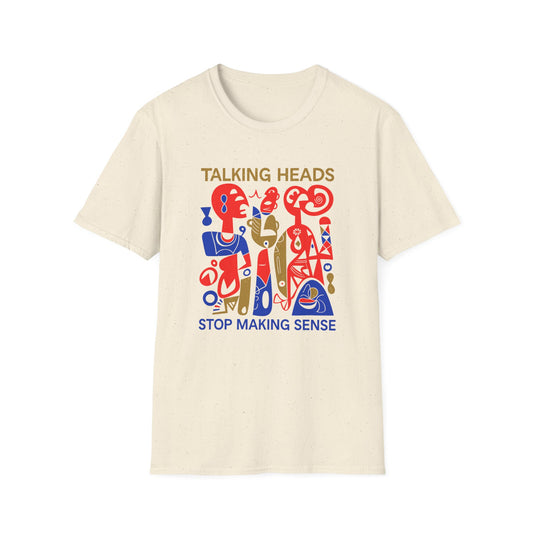 Talking Heads Stop Making Sense graphic on a cream t-shirt.