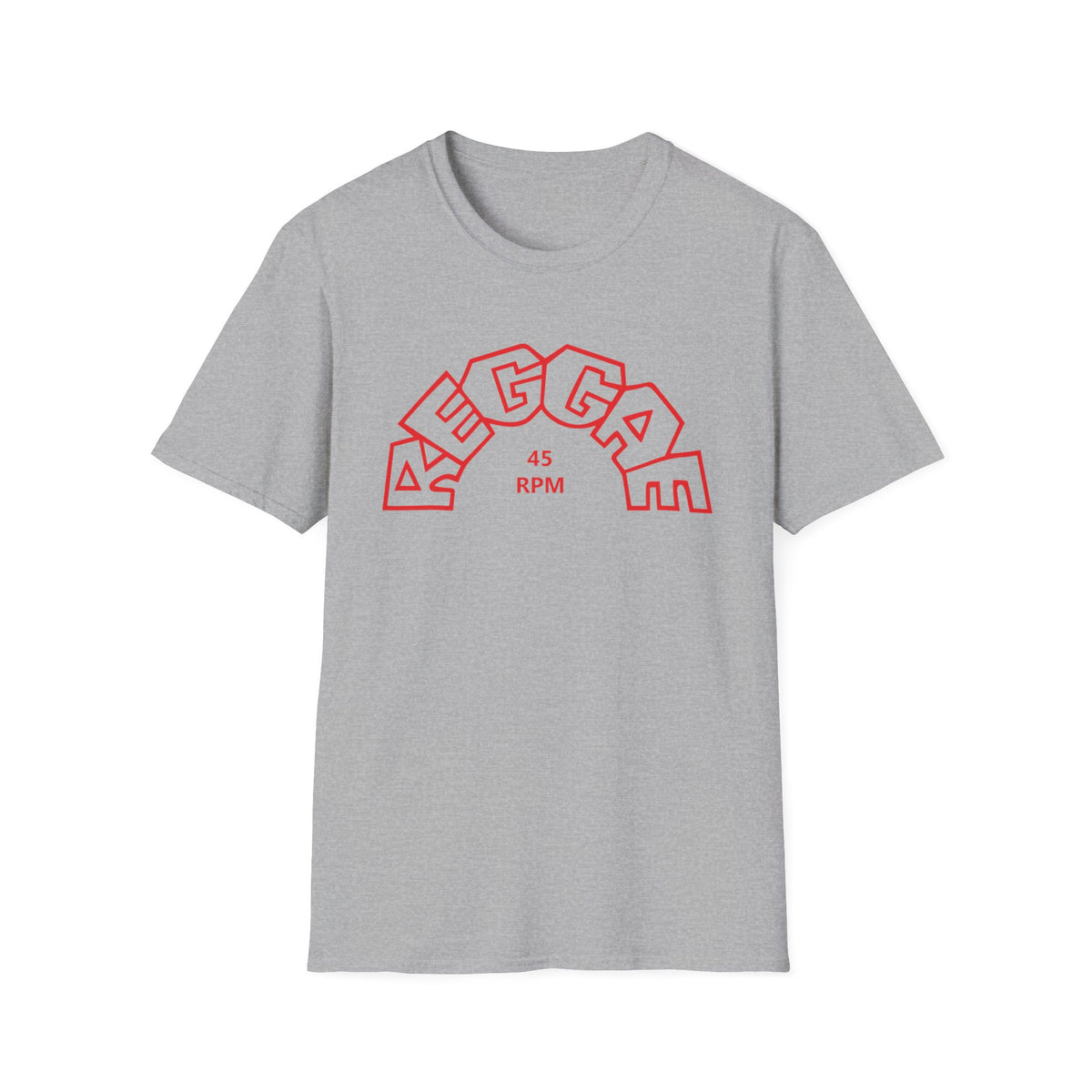 Grey t-shirt with red "REGGAE 45 RPM" text in an arched design.