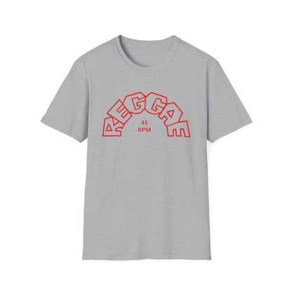 Grey t-shirt with red "REGGAE 45 RPM" text in an arched design.