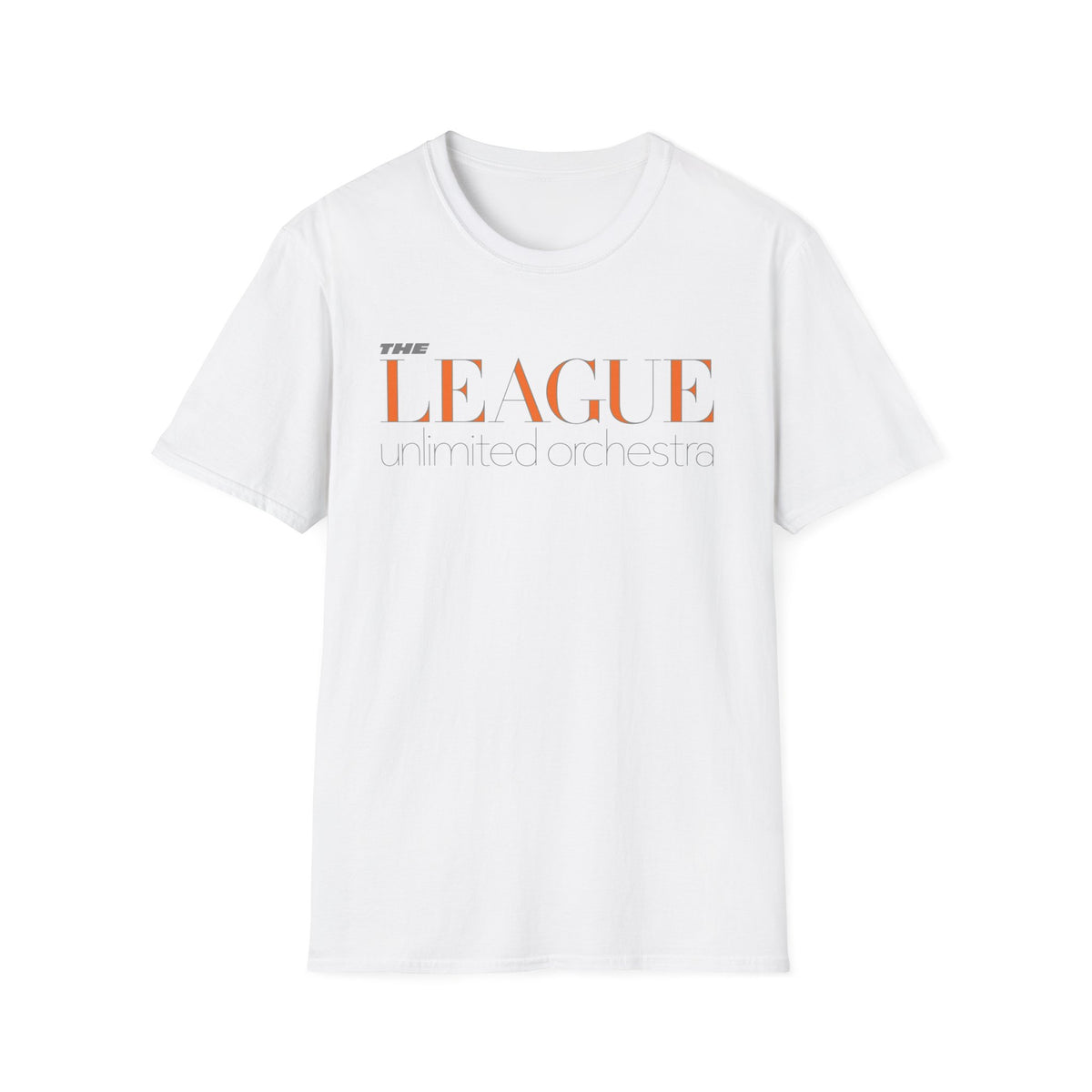White t-shirt with orange "THE LEAGUE unlimited orchestra" text.