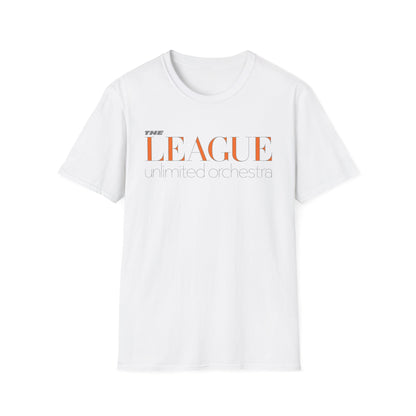 White t-shirt with orange "THE LEAGUE unlimited orchestra" text.