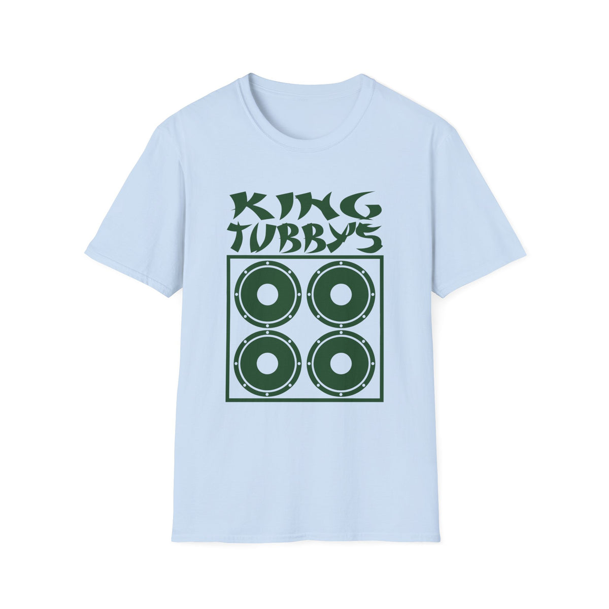 Light blue t-shirt with green King Tubby's text and four speaker graphic.