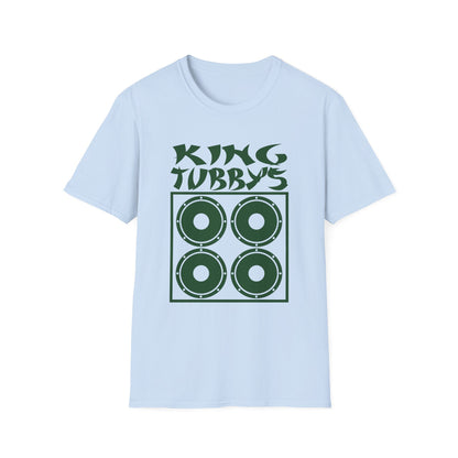 Light blue t-shirt with green King Tubby's text and four speaker graphic.