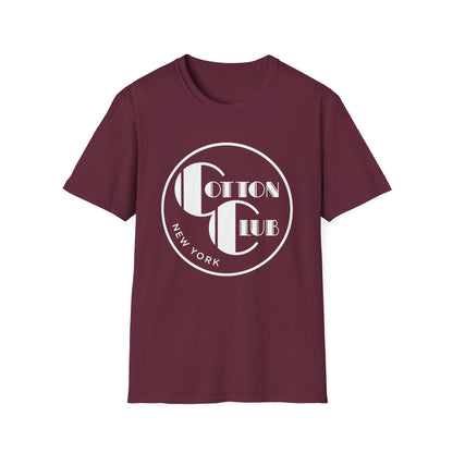 Maroon t-shirt with white "Cotton Club New York" graphic in a circular design.