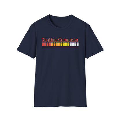 Navy t-shirt with orange text "Rhythm Composer" and colorful buttons.