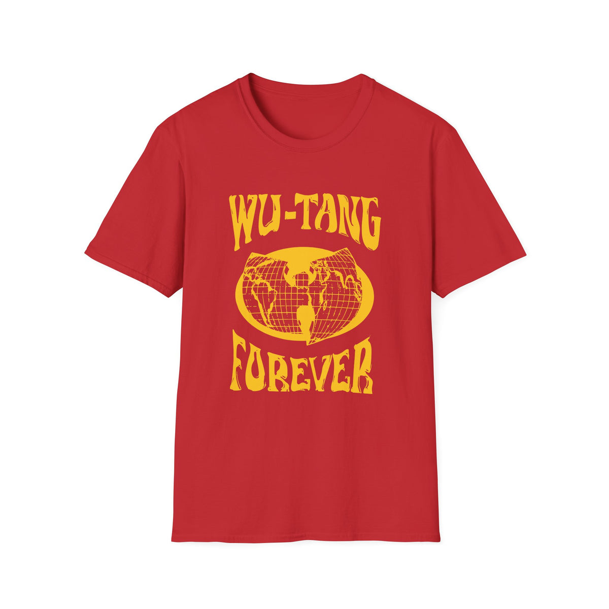 Red t-shirt with yellow Wu-Tang Forever logo and graphic of the Wu-Tang Clan logo.