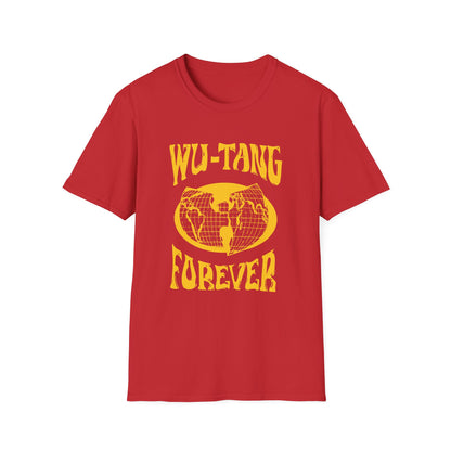 Red t-shirt with yellow Wu-Tang Forever logo and graphic of the Wu-Tang Clan logo.
