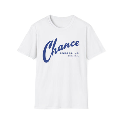 White t-shirt with blue "Chance Records, Inc. Chicago, IL." text.