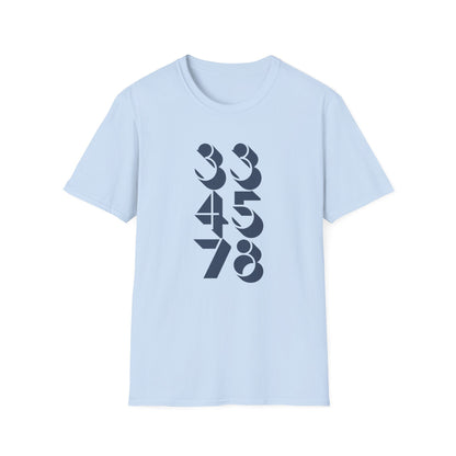 Light blue t-shirt with navy blue numbers 33, 45, 78 design.