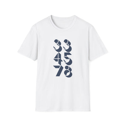 White t-shirt with a dark blue graphic of numbers 33, 45, 78.