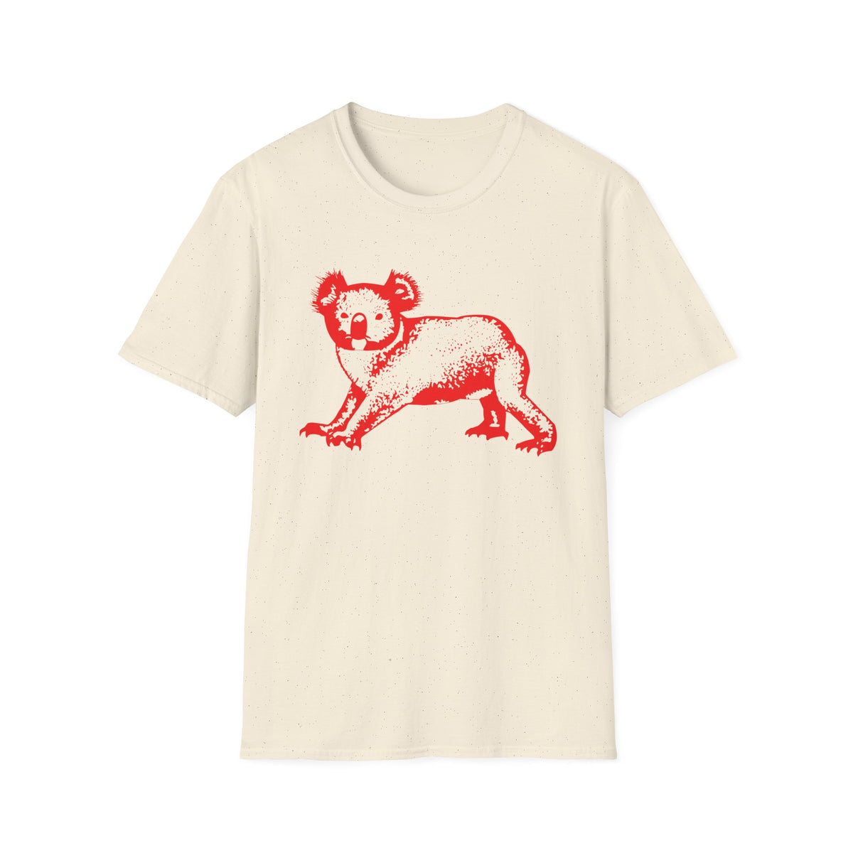Cream t-shirt with a red graphic of a koala in a crouching pose.