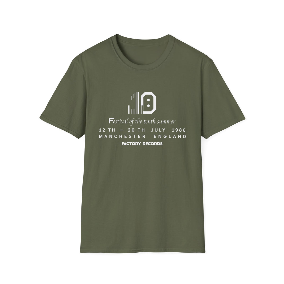 Olive green t-shirt with Factory Records tenth summer festival text and date.