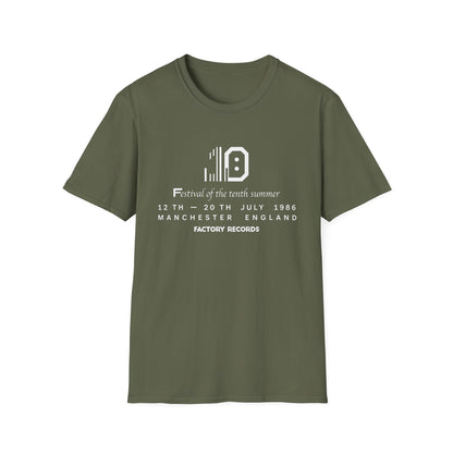 Olive green t-shirt with Factory Records tenth summer festival text and date.