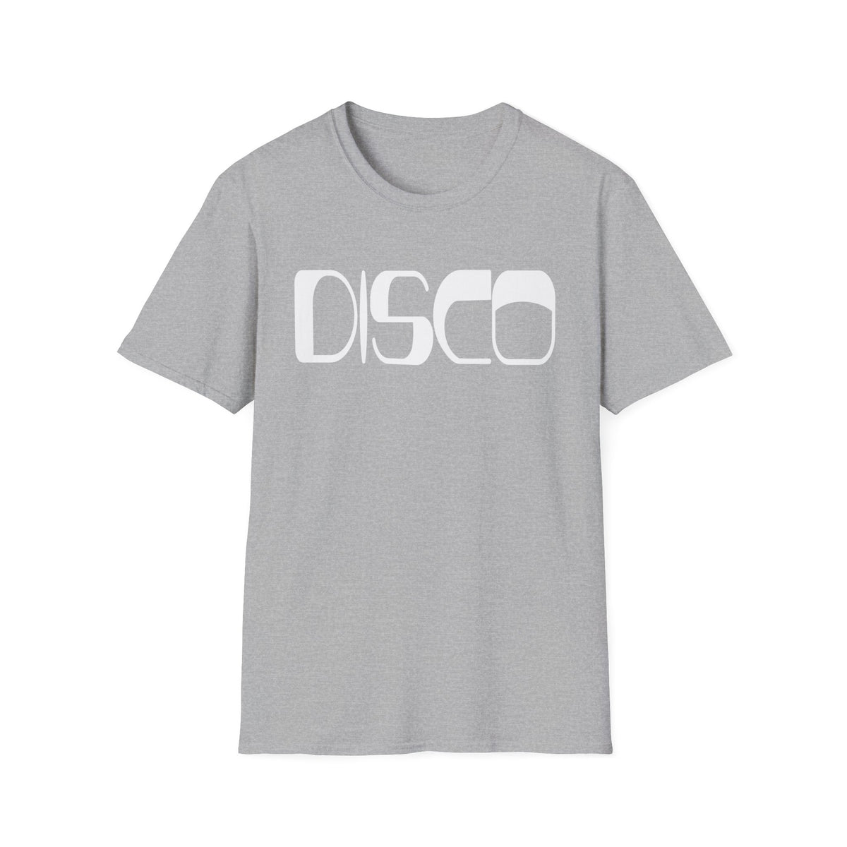 Grey t-shirt with white "DISCO" text graphic.