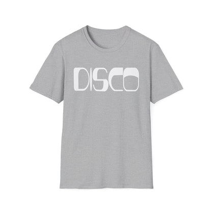 Grey t-shirt with white "DISCO" text graphic.