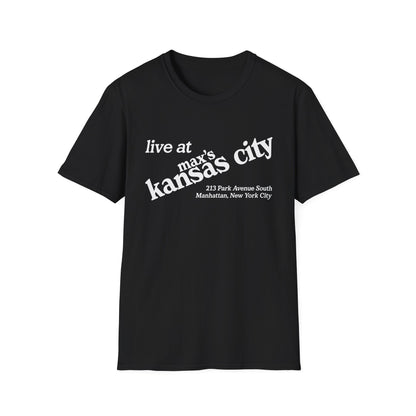 Black t-shirt with white text "live at max's kansas city 213 Park Avenue South Manhattan, New York City".