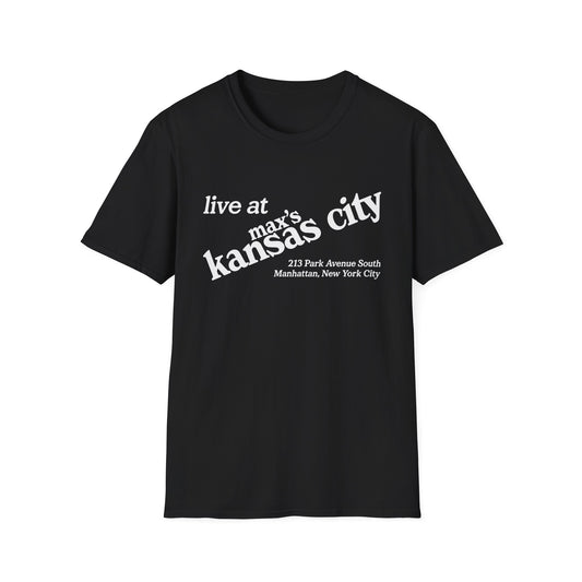 Black t-shirt with white text "live at max's kansas city 213 Park Avenue South Manhattan, New York City".