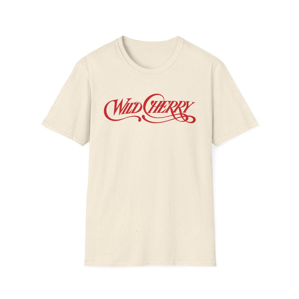 Cream t-shirt with red "WILD CHERRY" script logo.