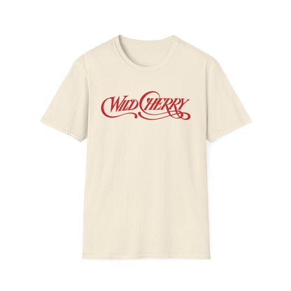 Cream t-shirt with red "WILD CHERRY" script logo.