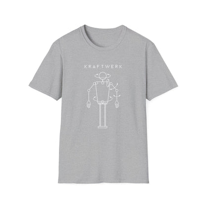Grey t-shirt with "KRAFTWERK" text and a line drawing of a robot.