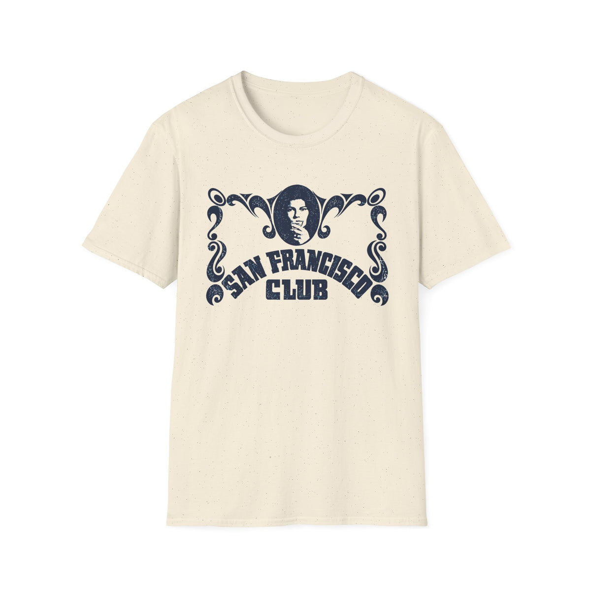 Cream t-shirt with distressed navy "San Francisco Club" text and portrait graphic.