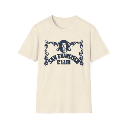 Cream t-shirt with distressed navy "San Francisco Club" text and portrait graphic.